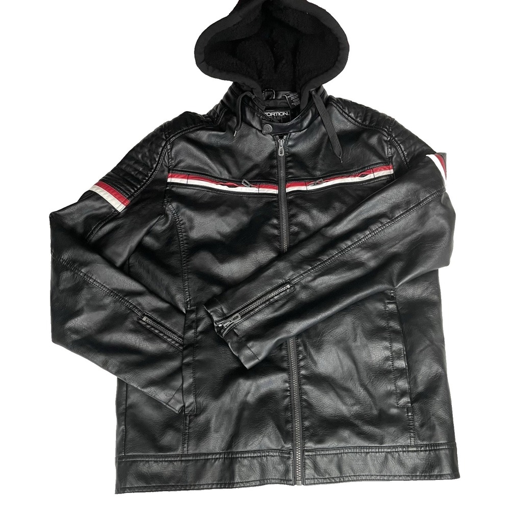 DISTORTION Men's Faux Leather Biker Jacket Motorcycle‎ Moto Coat Size L
